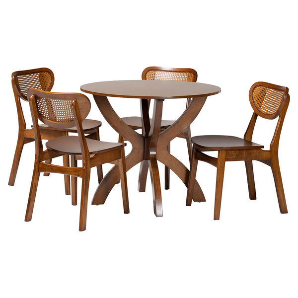 Baxton Studio Baxton Kenna 5-Piece Dining Set — Mid-Century Round Table & Woven-Back Chairs, Warm Wood Finish Kenna-Walnut Rattan-Round-5PC Dining Set