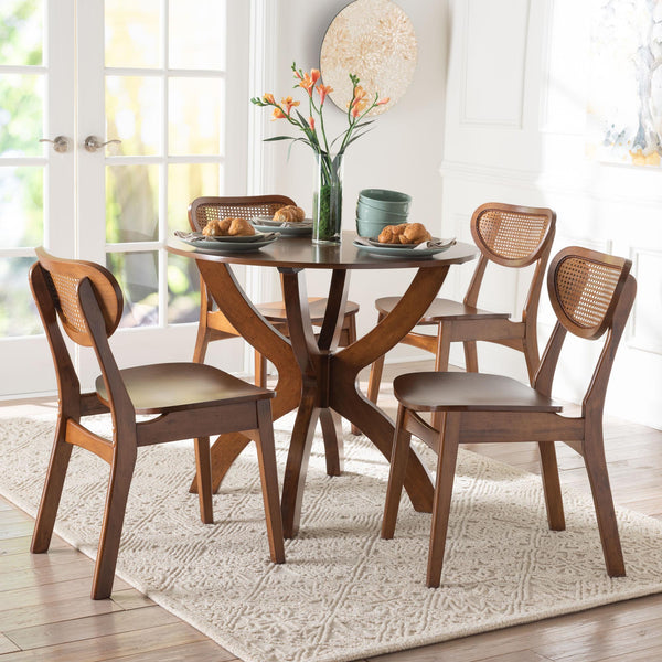 Baxton Studio Baxton Kenna 5-Piece Dining Set — Mid-Century Round Table & Woven-Back Chairs, Warm Wood Finish Kenna-Walnut Rattan-Round-5PC Dining Set