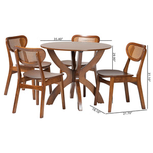 Baxton Studio Baxton Kenna 5-Piece Dining Set — Mid-Century Round Table & Woven-Back Chairs, Warm Wood Finish Kenna-Walnut Rattan-Round-5PC Dining Set