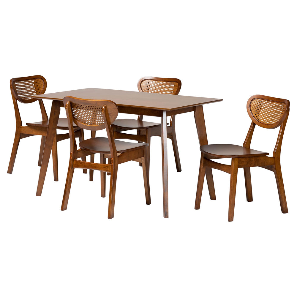 Baxton Studio Baxton Kristy 5-Piece Dining Set With Woven Rattan Backs, Mid-Century Solid Wood Table & Chairs Kristy-Walnut Rattan-Rectangle-5PC Dining Set