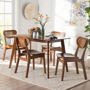 Baxton Studio Baxton Kristy 5-Piece Dining Set With Woven Rattan Backs, Mid-Century Solid Wood Table & Chairs Kristy-Walnut Rattan-Rectangle-5PC Dining Set