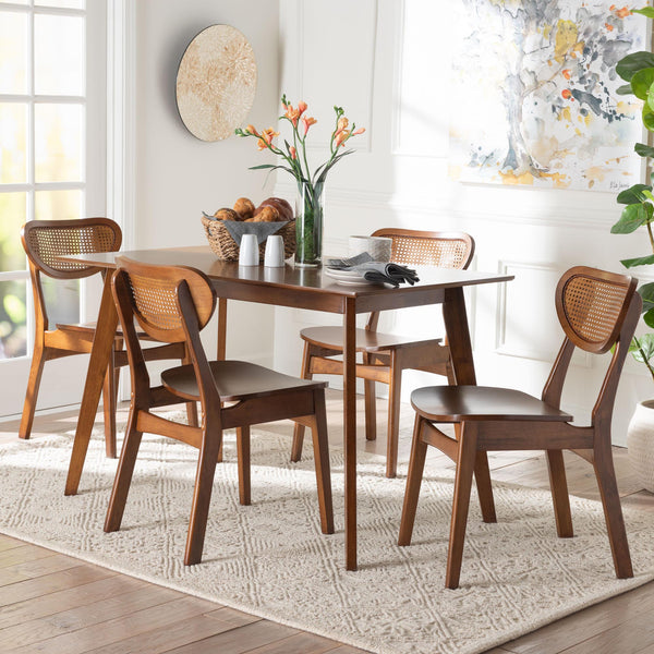 Baxton Studio Baxton Kristy 5-Piece Dining Set With Woven Rattan Backs, Mid-Century Solid Wood Table & Chairs Kristy-Walnut Rattan-Rectangle-5PC Dining Set