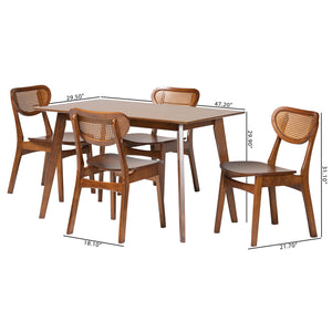 Baxton Studio Baxton Kristy 5-Piece Dining Set With Woven Rattan Backs, Mid-Century Solid Wood Table & Chairs Kristy-Walnut Rattan-Rectangle-5PC Dining Set