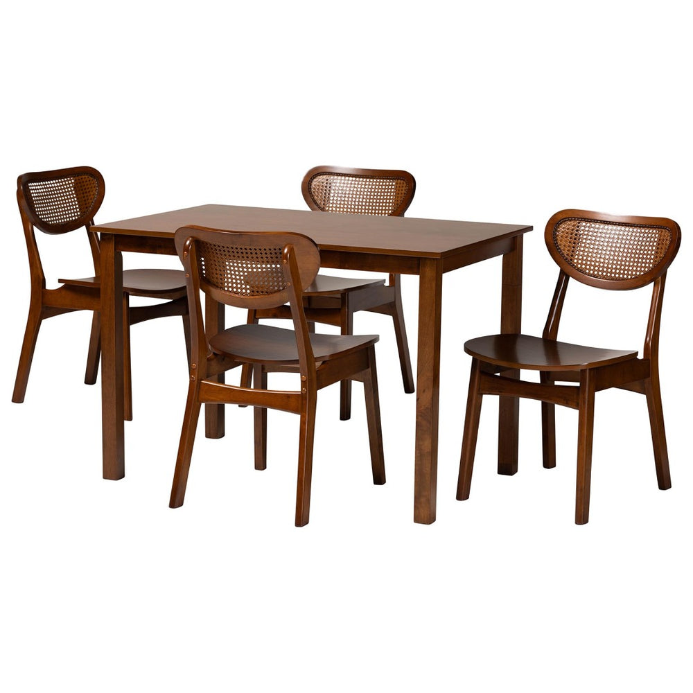 Baxton Studio Baxton Studio Jeriah Mid-Century Modern Dining Set with Walnut Brown Finish and Woven Rattan Accents 5-Piece RH253C-Walnut Rattan-Rectangle-5PC Dining Set