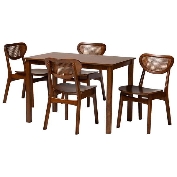 Baxton Studio Baxton Studio Jeriah Mid-Century Modern Dining Set with Walnut Brown Finish and Woven Rattan Accents 5-Piece RH253C-Walnut Rattan-Rectangle-5PC Dining Set