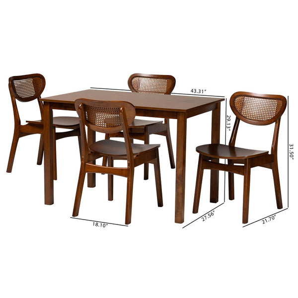 Baxton Studio Baxton Studio Jeriah Mid-Century Modern Dining Set with Walnut Brown Finish and Woven Rattan Accents 5-Piece RH253C-Walnut Rattan-Rectangle-5PC Dining Set