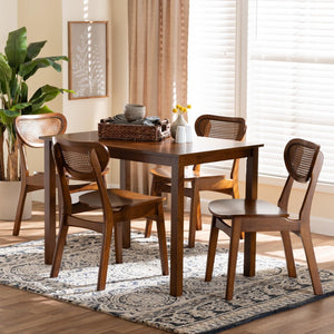 Baxton Studio Baxton Studio Jeriah Mid-Century Modern Dining Set with Walnut Brown Finish and Woven Rattan Accents 5-Piece RH253C-Walnut Rattan-Rectangle-5PC Dining Set