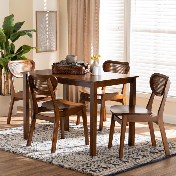 Baxton Studio Baxton Studio Jeriah Mid-Century Modern Dining Set with Walnut Brown Finish and Woven Rattan Accents 5-Piece RH253C-Walnut Rattan-Rectangle-5PC Dining Set