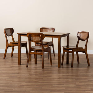 Baxton Studio Baxton Studio Jeriah Mid-Century Modern Dining Set with Walnut Brown Finish and Woven Rattan Accents 5-Piece RH253C-Walnut Rattan-Rectangle-5PC Dining Set