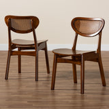 Baxton Studio Hesper Mid-Century Modern Walnut Brown Finished Wood and Rattan 2-Piece Dining Chair Set