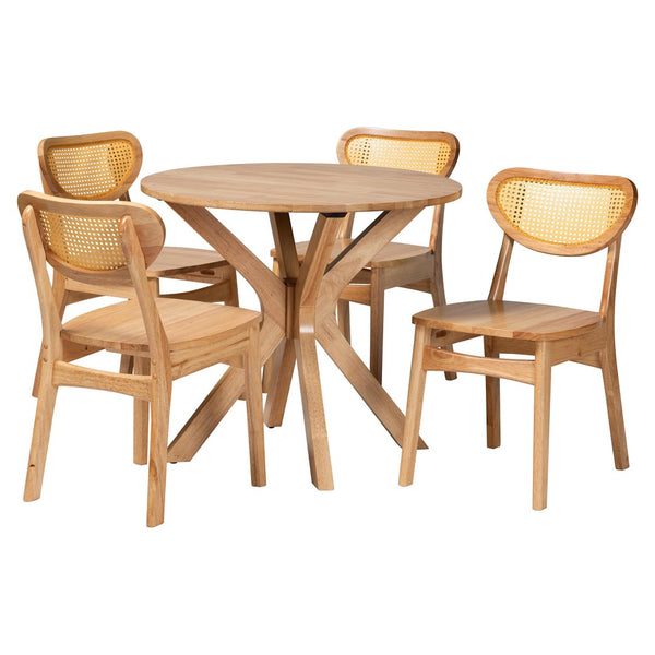 Baxton Studio Baxton Donato Mid-Century Modern 5-Piece Dining Set with Oak Brown Wood and Rattan Accent Chairs RH256C-Natural Rattan-Round-5PC Dining Set