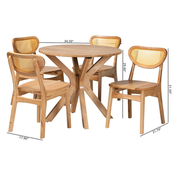 Baxton Studio Baxton Donato Mid-Century Modern 5-Piece Dining Set with Oak Brown Wood and Rattan Accent Chairs RH256C-Natural Rattan-Round-5PC Dining Set