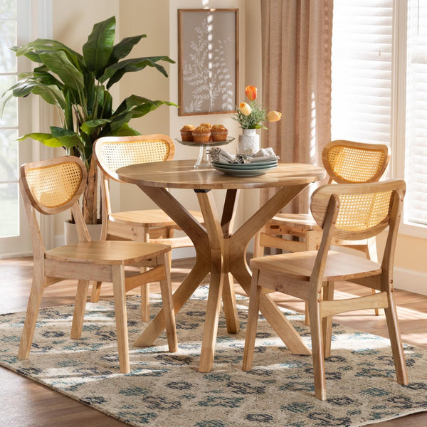 Baxton Studio Baxton Donato Mid-Century Modern 5-Piece Dining Set with Oak Brown Wood and Rattan Accent Chairs RH256C-Natural Rattan-Round-5PC Dining Set