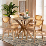 Baxton Studio Donato Mid-Century Modern Oak Brown Finished Wood and Rattan 5-Piece Dining Set