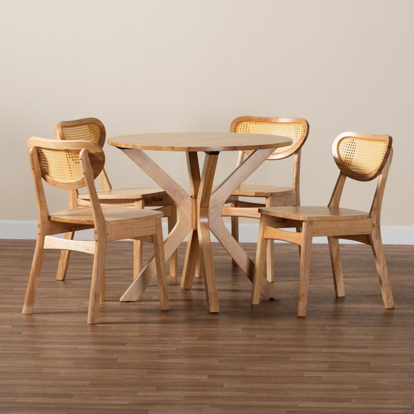 Baxton Studio Baxton Donato Mid-Century Modern 5-Piece Dining Set with Oak Brown Wood and Rattan Accent Chairs RH256C-Natural Rattan-Round-5PC Dining Set