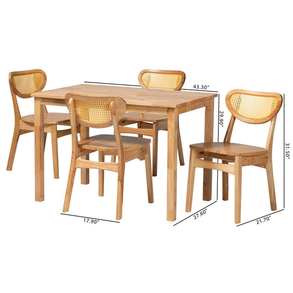 Baxton Studio Baxton Studio Haviland Mid-Century 5-Piece Dining Set with Oak Brown Finish & Rattan Accents RH256C-Natural Rattan-Rectangle-5PC Dining Set