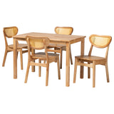 Haviland Mid-Century Modern Oak Brown Finished Wood and Rattan 5-Piece Dining Set