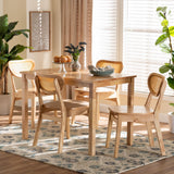 Baxton Studio Haviland Mid-Century Modern Oak Brown Finished Wood and Rattan 5-Piece Dining Set