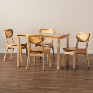 Baxton Studio Baxton Studio Haviland Mid-Century 5-Piece Dining Set with Oak Brown Finish & Rattan Accents RH256C-Natural Rattan-Rectangle-5PC Dining Set