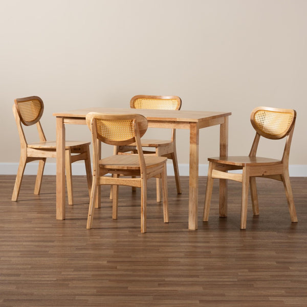 Baxton Studio Baxton Studio Haviland Mid-Century 5-Piece Dining Set with Oak Brown Finish & Rattan Accents RH256C-Natural Rattan-Rectangle-5PC Dining Set