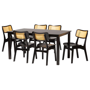 Baxton Studio Estera Mid-Century Modern Dark Brown Finished Wood and Rattan 7-Piece Dining Set