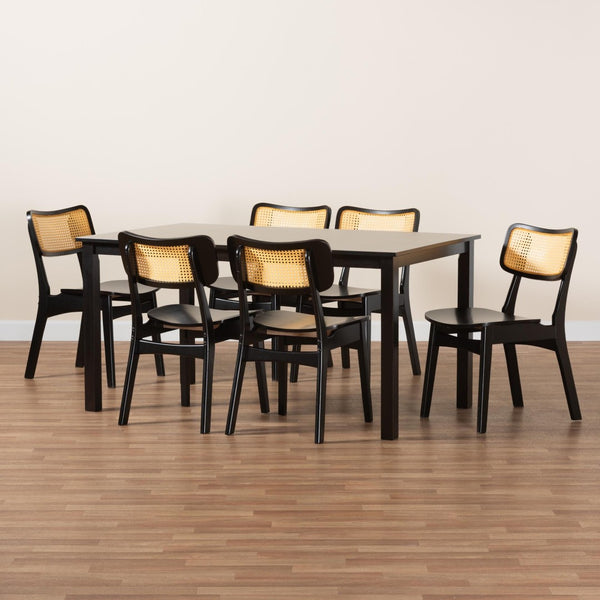 Baxton Studio Baxton Studio Mid-Century Modern 5-Piece Dining Set with Dark Wood and Rattan for Timeless Elegance Estera Dark 7-Piece RH254C-Natural Rattan/DB-Rectangle-7PC Dining Set
