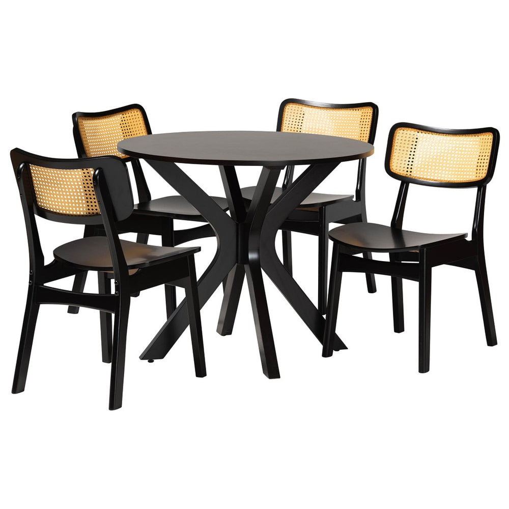 Baxton Studio Baxton Studio Linnet Mid-Century 5-Piece Dining Set - Charming Wood & Rattan Design for Comfort RH254C-Natural Rattan/DB-Round-5PC Dining Set