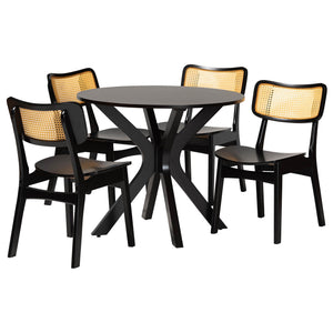 Baxton Studio Linnet Mid-Century Modern Dark Brown Finished Wood and Rattan 5-Piece Dining Set