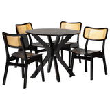 Linnet Mid-Century Modern Brown Finished Wood and Rattan 5-Piece Dining Set