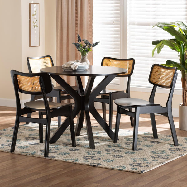 Baxton Studio Baxton Studio Linnet Mid-Century 5-Piece Dining Set - Charming Wood & Rattan Design for Comfort RH254C-Natural Rattan/DB-Round-5PC Dining Set