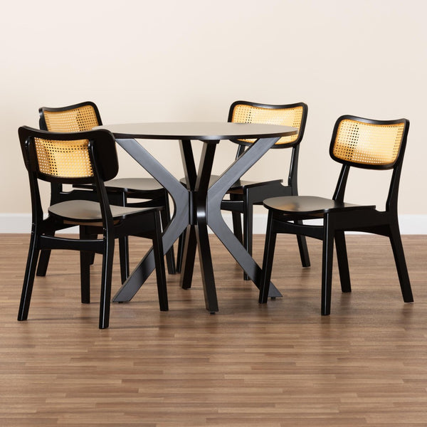 Baxton Studio Baxton Studio Linnet Mid-Century 5-Piece Dining Set - Charming Wood & Rattan Design for Comfort RH254C-Natural Rattan/DB-Round-5PC Dining Set