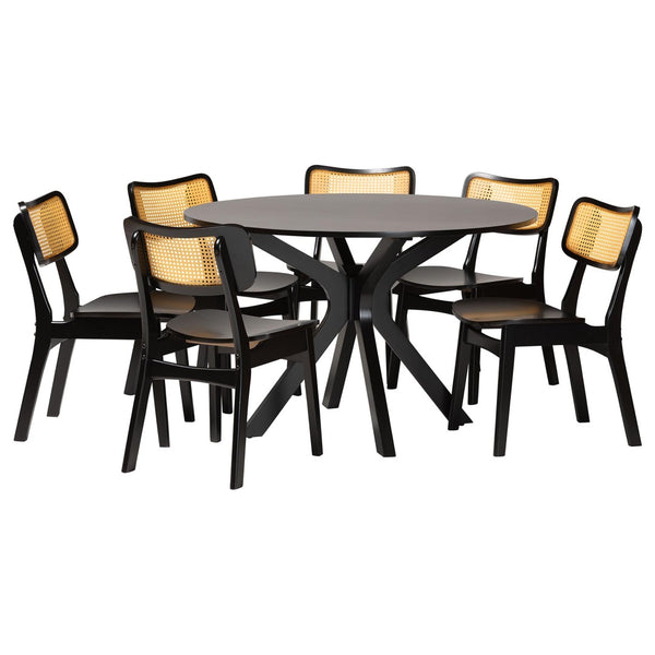 Baxton Studio Baxton Studio Linnet 7-Piece Mid-Century Dining Set with Dark Brown Wood & Rattan Accents, Chic & Functional RH254C-Natural Rattan/DB-Round-7PC Dining Set