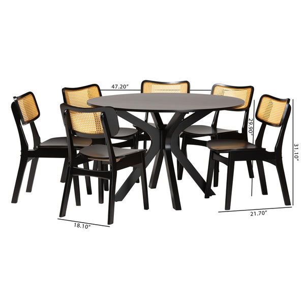 Baxton Studio Baxton Studio Linnet 7-Piece Mid-Century Dining Set with Dark Brown Wood & Rattan Accents, Chic & Functional RH254C-Natural Rattan/DB-Round-7PC Dining Set
