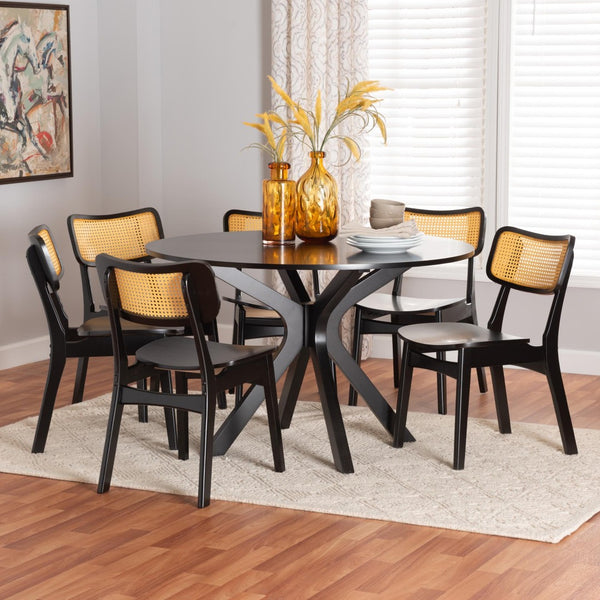 Baxton Studio Baxton Studio Linnet 7-Piece Mid-Century Dining Set with Dark Brown Wood & Rattan Accents, Chic & Functional RH254C-Natural Rattan/DB-Round-7PC Dining Set