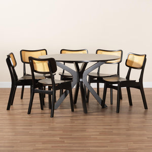 Baxton Studio Baxton Studio Linnet 7-Piece Mid-Century Dining Set with Dark Brown Wood & Rattan Accents, Chic & Functional RH254C-Natural Rattan/DB-Round-7PC Dining Set
