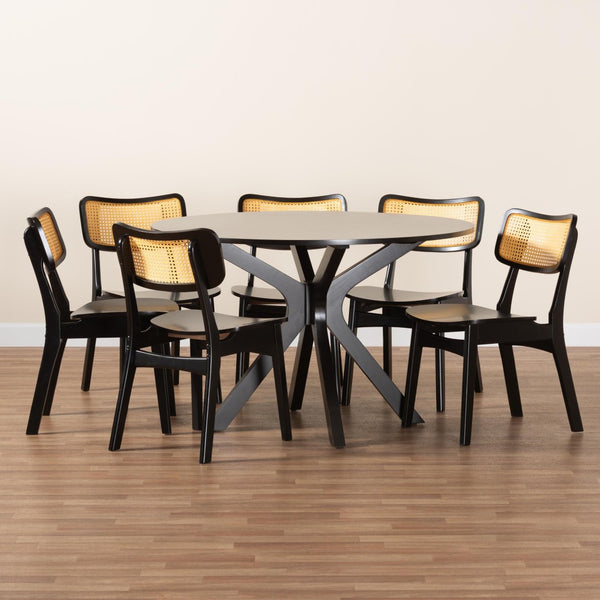 Baxton Studio Baxton Studio Linnet 7-Piece Mid-Century Dining Set with Dark Brown Wood & Rattan Accents, Chic & Functional RH254C-Natural Rattan/DB-Round-7PC Dining Set