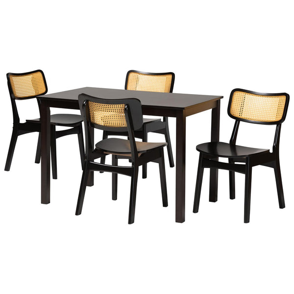 Baxton Studio Baxton Studio Mid-Century Modern 5-Piece Dining Set with Dark Wood and Rattan for Timeless Elegance Estera Dark Brown 5-Piece RH254C-Natural Rattan/DB-Rectangle-5PC Dining Set