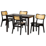 Estera Mid-Century Modern Brown Finished Wood and Rattan 5-Piece Dining Set