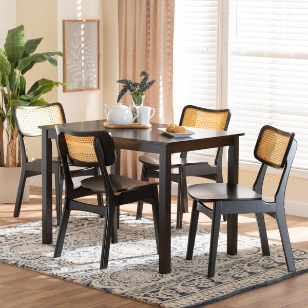 Baxton Studio Baxton Studio Mid-Century Modern 5-Piece Dining Set with Dark Wood and Rattan for Timeless Elegance Estera Dark Brown 5-Piece RH254C-Natural Rattan/DB-Rectangle-5PC Dining Set