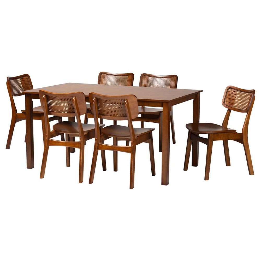 Baxton Studio Baxton Estera 7-Piece Mid-Century Modern Dining Set with Rattan Accents for Stylish Dining Spaces RH254C-Walnut Rattan-Rectangle-7PC Dining Set