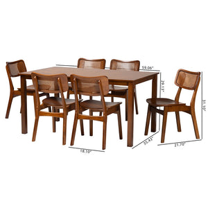 Baxton Studio Baxton Estera 7-Piece Mid-Century Modern Dining Set with Rattan Accents for Stylish Dining Spaces RH254C-Walnut Rattan-Rectangle-7PC Dining Set