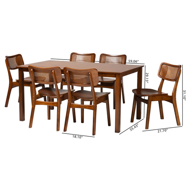 Baxton Studio Baxton Estera 7-Piece Mid-Century Modern Dining Set with Rattan Accents for Stylish Dining Spaces RH254C-Walnut Rattan-Rectangle-7PC Dining Set