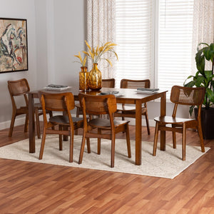 Baxton Studio Baxton Estera 7-Piece Mid-Century Modern Dining Set with Rattan Accents for Stylish Dining Spaces RH254C-Walnut Rattan-Rectangle-7PC Dining Set