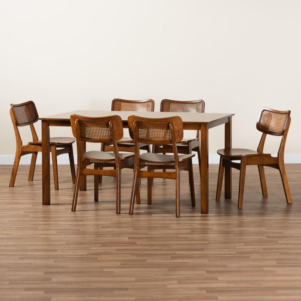 Baxton Studio Baxton Estera 7-Piece Mid-Century Modern Dining Set with Rattan Accents for Stylish Dining Spaces RH254C-Walnut Rattan-Rectangle-7PC Dining Set