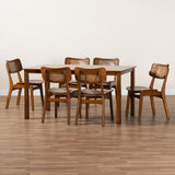 Baxton Studio Estera Mid-Century Modern Walnut Brown Finished Wood and Rattan 7-Piece Dining Set