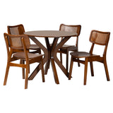 Baxton Studio Linnet Mid-Century Modern Walnut Brown Finished Wood and Rattan 5-Piece Dining Set