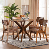 Baxton Studio Linnet Mid-Century Modern Walnut Brown Finished Wood and Rattan 5-Piece Dining Set