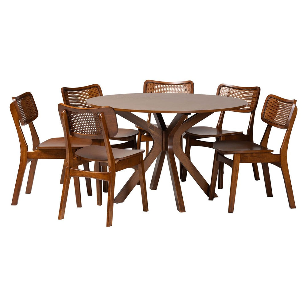 Baxton Studio Baxton Studio Linnet Mid-Century Modern Dining Set with Walnut Finish and Woven Rattan Detail 7-Piece RH254C-Walnut Rattan-Round-7PC Dining Set