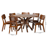 Baxton Studio Linnet Mid-Century Modern Walnut Brown Finished Wood and Rattan 7-Piece Dining Set