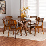 Baxton Studio Linnet Mid-Century Modern Walnut Brown Finished Wood and Rattan 7-Piece Dining Set